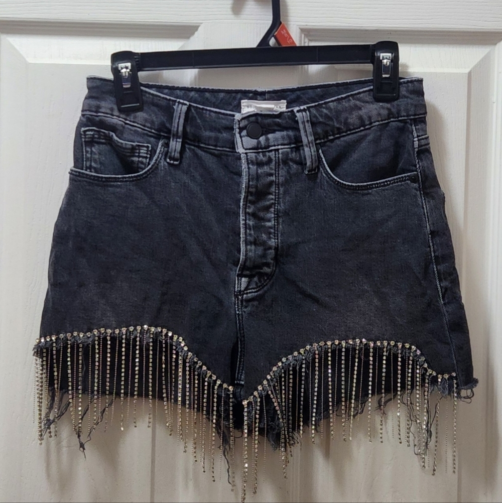 Good American Bombshell Black Jean Shorts w Rhinestone Fringe Sz 26 EUC